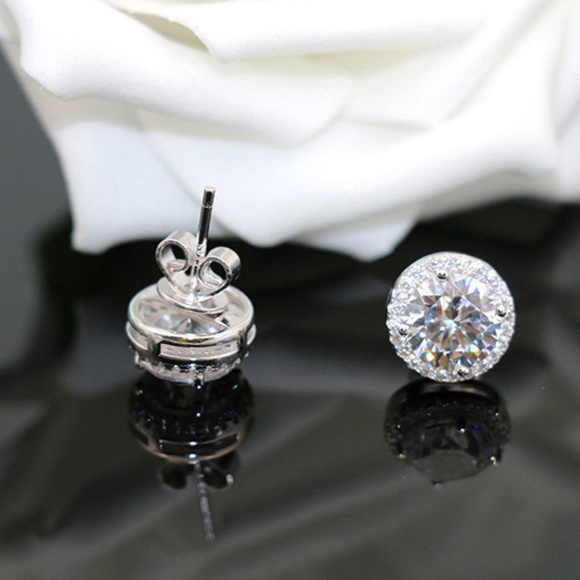 925 Silver Plated Crystal Halo Stud Earrings - Picture 8 of 8